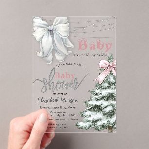 It's Cold Outside Pine Tree White Bow  Baby Shower Acrylic Invitations