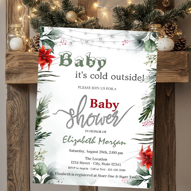 It's Cold Outside Poinsettia Branches Baby Shower  Invitation (Creator Uploaded)