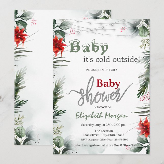 It's Cold Outside Poinsettia Branches Baby Shower  Invitation (Front/Back)