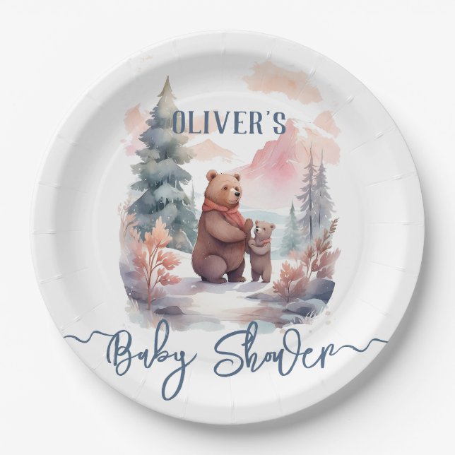 Its Cold Outside Winter Forest Bears Baby Shower Paper Plate (Front)