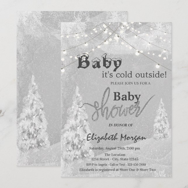 It's Cold Outside Winter Forest Grey Baby Shower Invitation (Front/Back)