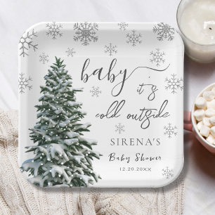 It's Cold Outside   Winter Tree Grey Baby Shower Paper Plate