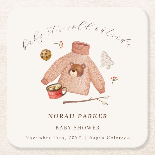 It's Cold Winter Camping Clothes Baby Shower  Square Paper Coaster (Front)