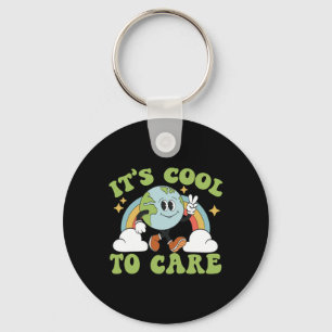 It's Cool To Care Earth Day Groovy 70s Retro Trend Keychain