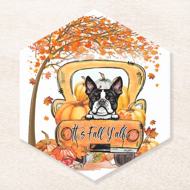 Its Fall Yall Boston Terrier Thanksgiving Pumpkin Paper Coaster (Front)