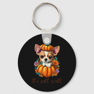 Its Fall Y'all cute floral Pumpkin Chihuahua Hallo Keychain