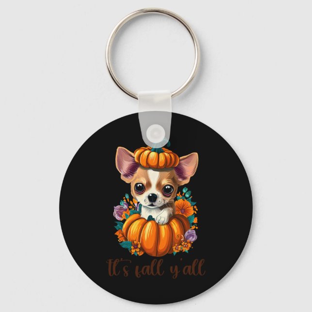 Its Fall Y'all cute floral Pumpkin Chihuahua Hallo Keychain (Front)