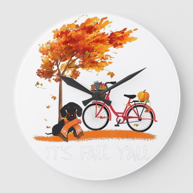 Its Fall Yall Dachshund Bike Pumpkin Spice Fall Au Large Clock (Front)