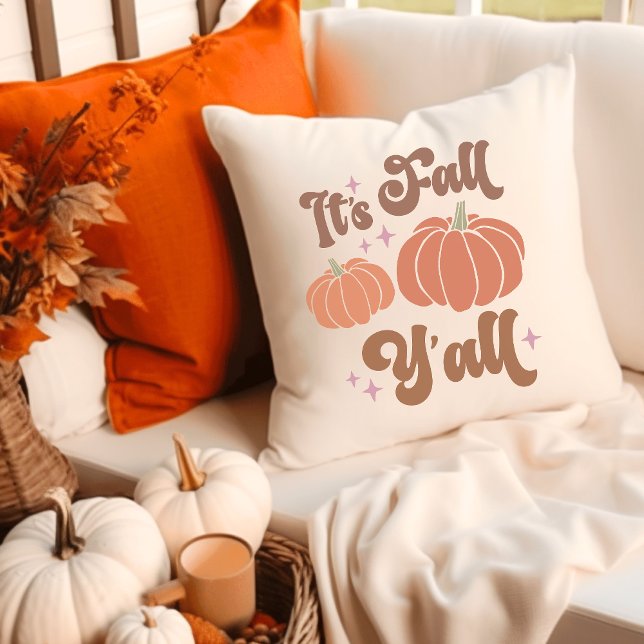 It's Fall Y'all Groovy Retro Pumpkin Throw Pillow (Creator Uploaded)