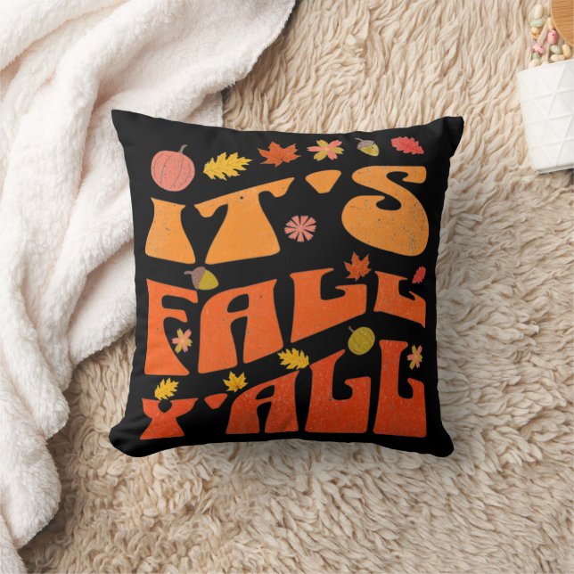 It's Fall Y'all Pumpkin And Fall Leaves Autumn  Throw Pillow (Blanket)