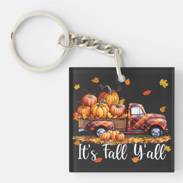It's Fall Y'all Pumpkin Truck Autumn Tree Fall Keychain (Front)