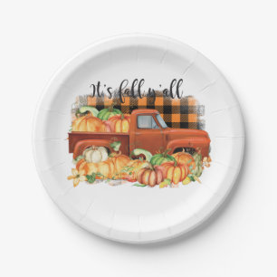 Its Fall Yall Quote   Vintage Truck with Pumpkins Paper Plate