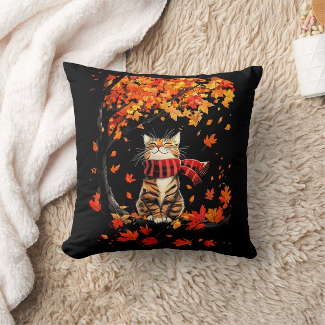 It's Fall Y'all Thanksgiving Cat Leaf Fall Tree  Throw Pillow (Blanket)
