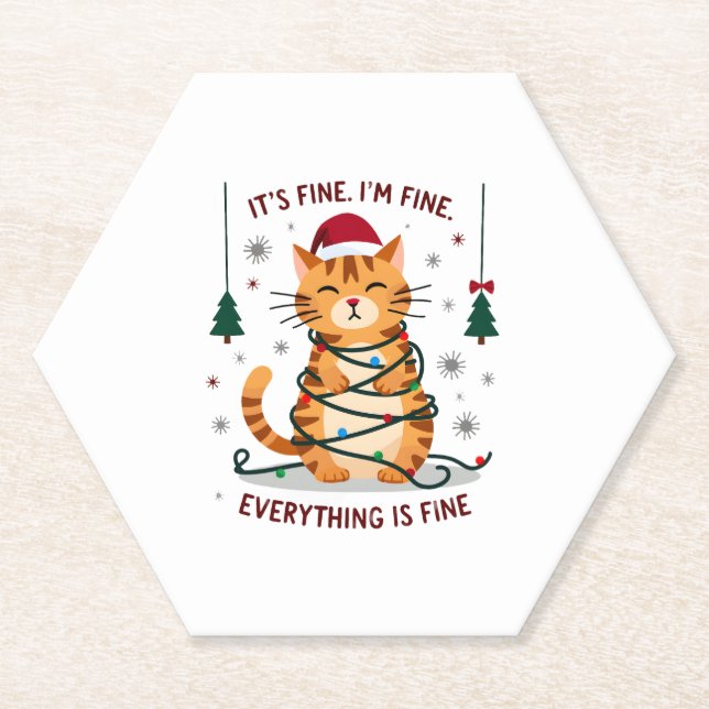 It's Fine I'm Fine Everything Is Fine Xmas Cat Chr Paper Coaster (Front)