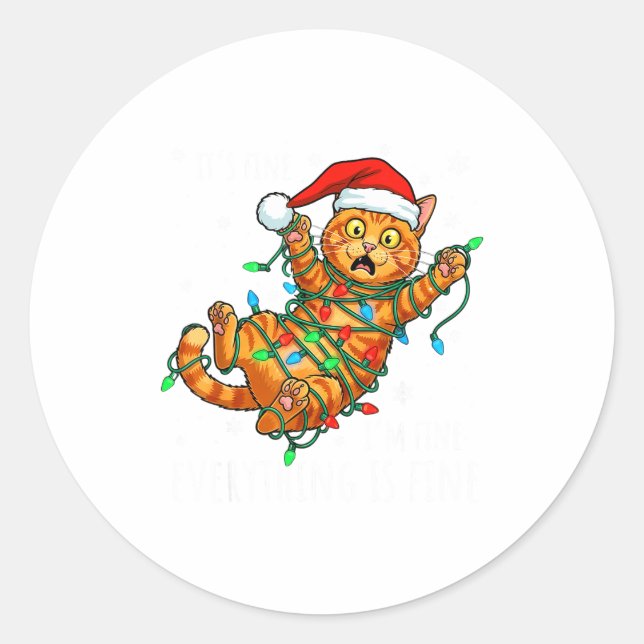 It's Fine I'm Fine Orange Cat Christmas Light Funn Classic Round Sticker (Front)