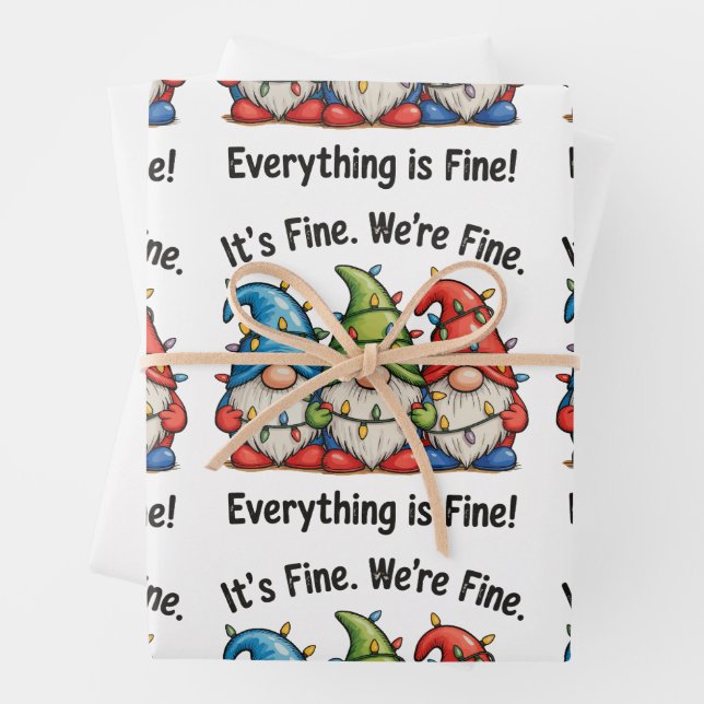 It's Fine We're Fine Everything Is Fine Gnome Xmas Wrapping Paper Sheet (In situ)