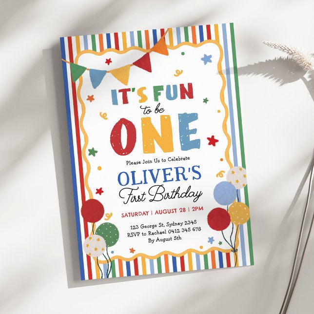 It's Fun to Be One: Colourful Boy First Birthday Invitation (Creator Uploaded)