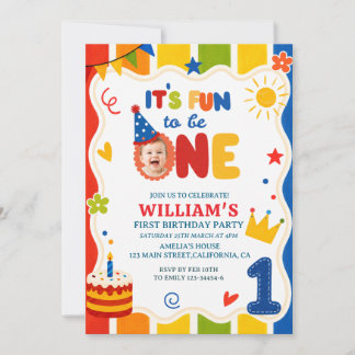 its Fun to Be One Colourful Primary colour birthda Invitation