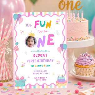 It's Fun To Be One Custom Photo Girl 1st Birthday Invitation