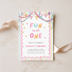 Its Fun To Be One Girl Pink Colourful 1st Birthday Invitation