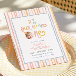 It's Fun To Be One Pastel Stripe 1st Birthday Invitation