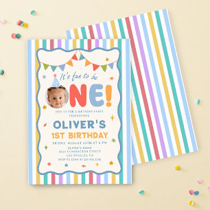 Its Fun To Be One Photo Colourful 1st Birthday Invitation