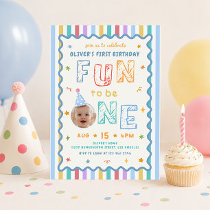 Its Fun To Be One Photo Colourful 1st Birthday Invitation