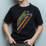 It's Game On Colourful Neon Laser Tag Team Uniform T-Shirt<br><div class="desc">Fun, bright and cool laser tag themed birthday party team uniforms. The design features a colour typographic design "It's Game On" with beams of bright multiple coloured lights shooting off from the text. The black background sets the mood with the bight laser beams creating a bold look. The reverse side...</div>