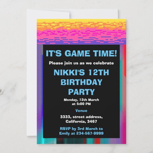 Its Game Time Kids Pixelated Gaming Birthday  Invitation (Front)