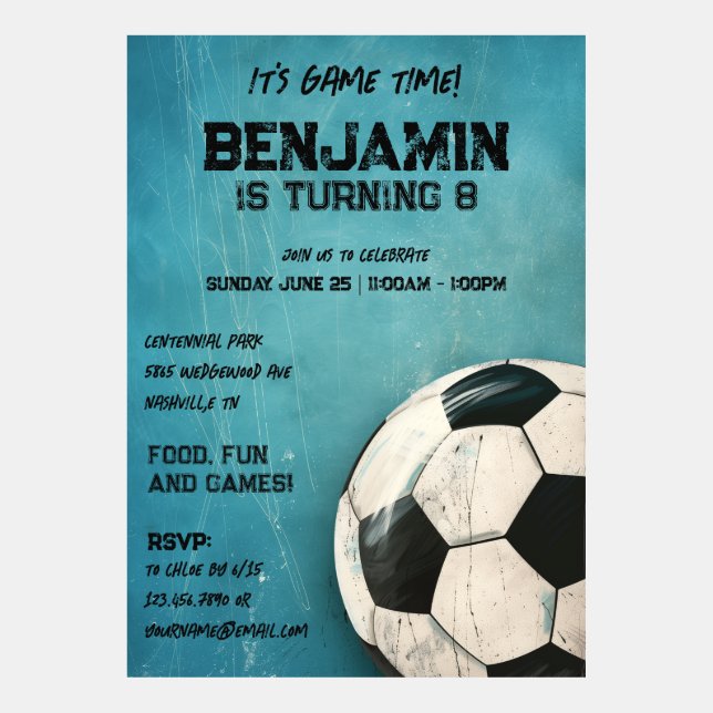 It's Game Time! Teal Soccer Birthday Invitation (Front)