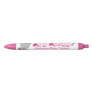 It's Girls Welcome Baby Triplets Pink Announcement Black Ink Pen