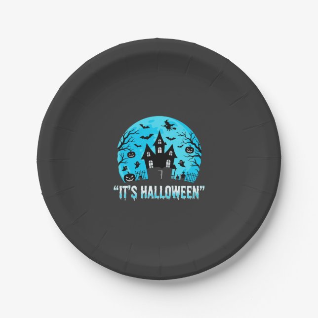 It's Halloween Haunted House Bat Design Paper Plate (Front)
