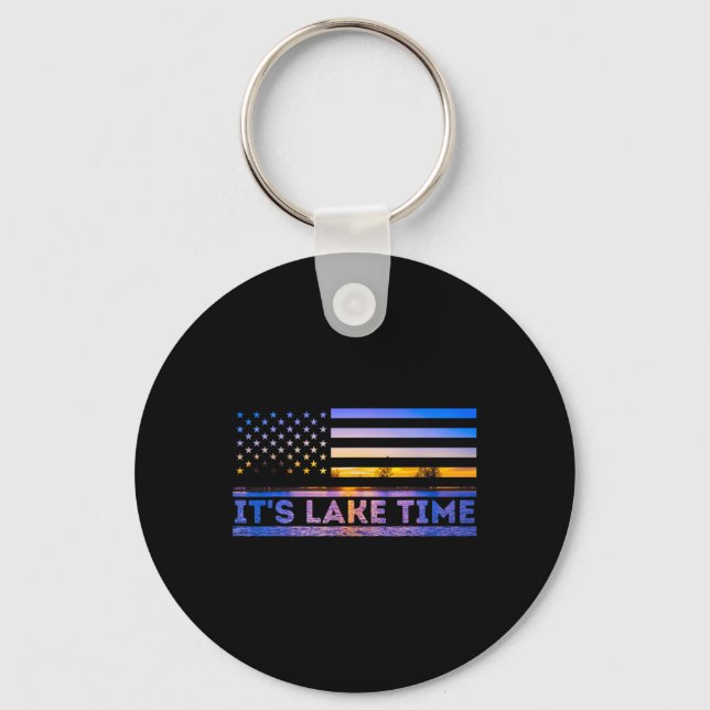 It's Lake Time Sunset American Flag Summer Vacatio Keychain (Front)