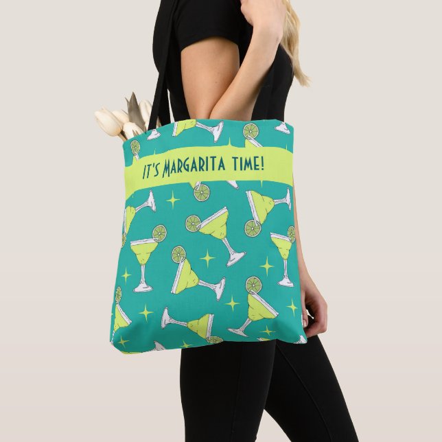 It's Margarita Time Retro Cocktail Patterned Blue Tote Bag (Close Up)