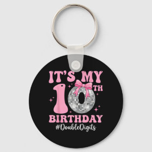 Its My 10th Birthday Girl Double Digits Bow Disco Keychain