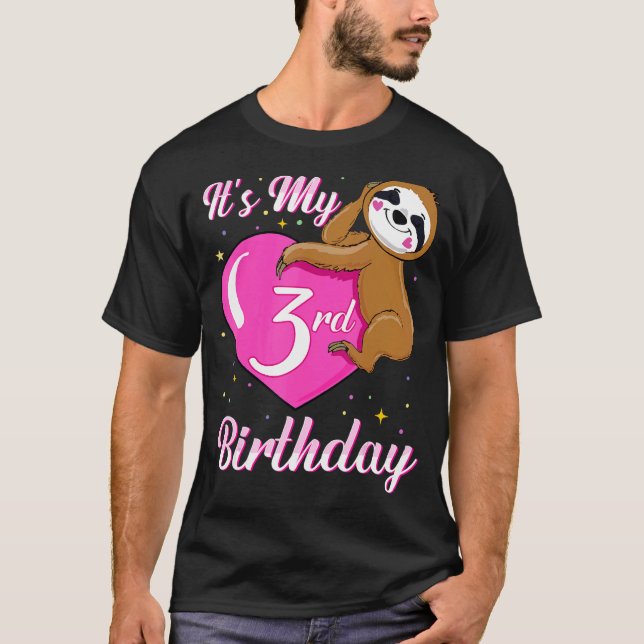 Its My 3rd Birthday Pink Smiling Sloth Girl Theme  T-Shirt (Front)
