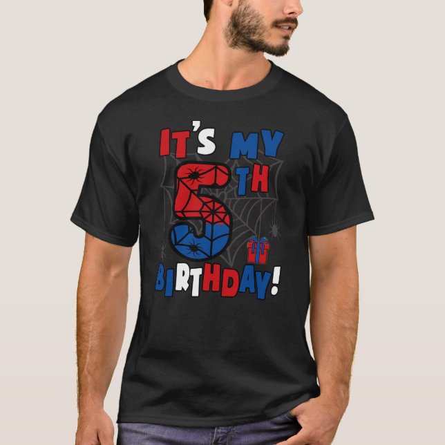 It's My 5th Birthday Spider Theme Party 5 Year Bir T-Shirt (Front)