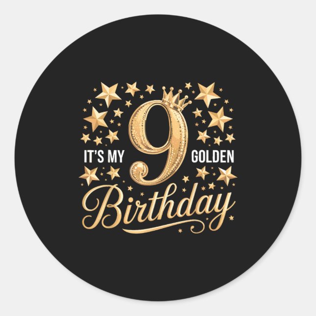 It's My 9th Golden Birthday 9 Year Old Bday Groovy Classic Round Sticker (Front)