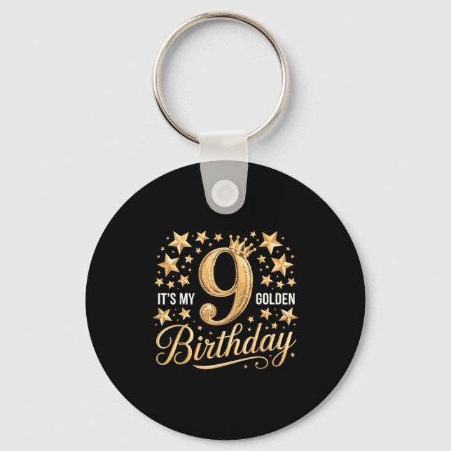 It's My 9th Golden Birthday 9 Year Old Bday Groovy Keychain (Front)