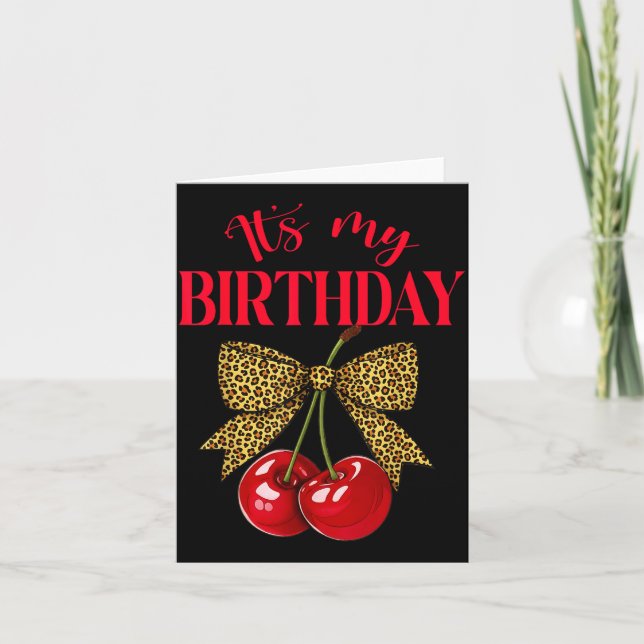 It's My Birthday Cute Cherry Leopard Coquette Bow  Card (Front)