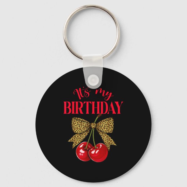 It's My Birthday Cute Cherry Leopard Coquette Bow  Keychain (Front)