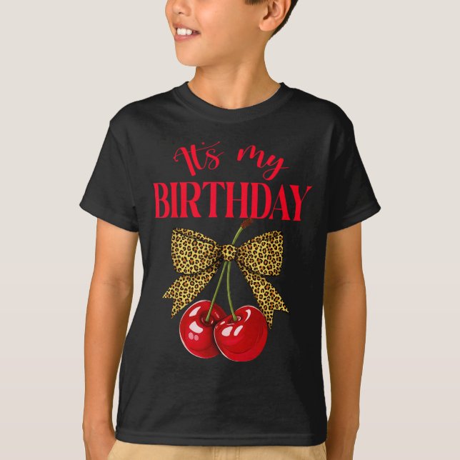 It's My Birthday Cute Cherry Leopard Coquette Bow  T-Shirt (Front)