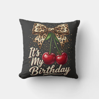 It's My Birthday Cute Cherry Leopard Coquette Bow Throw Pillow