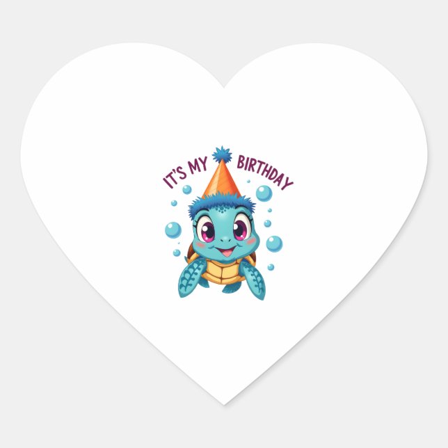 It's My Birthday Cute Sea Turtle Ocean Birthday Pa Heart Sticker (Front)