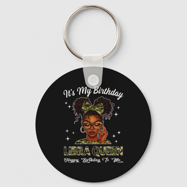 It's My Birthday Libra Queen Camo Bow Afro Black G Keychain (Front)