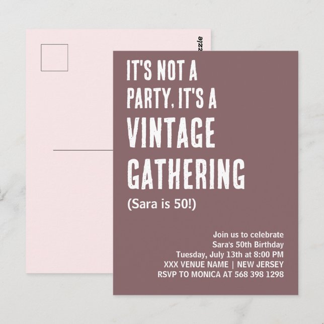 IT'S NOT A PARTY IT'S A VINTAGE GATHERING BIRTHDAY POSTCARD (Front/Back)