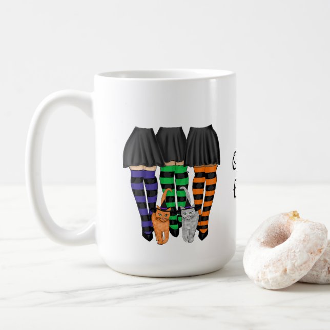 It's October Witches - Three Witches and Two Cats Coffee Mug (With Donut)