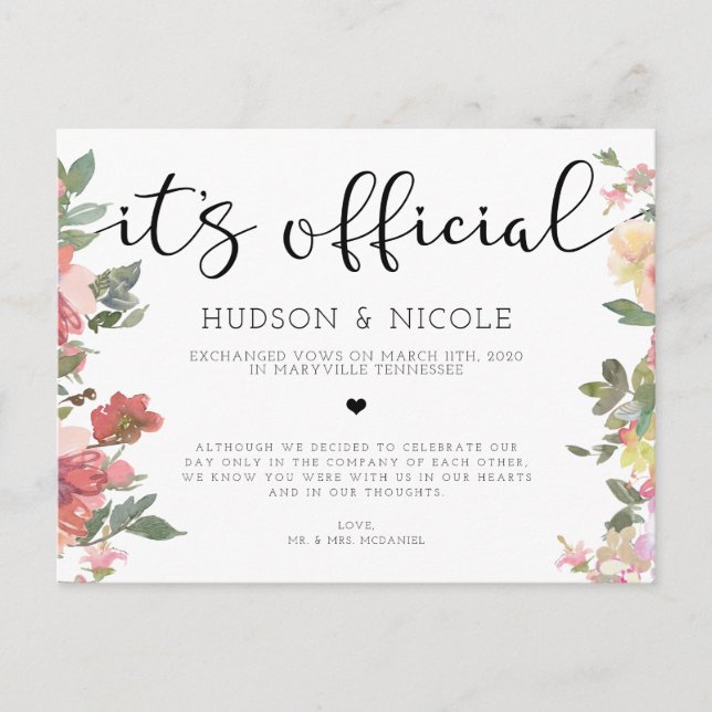 It's Official Elopement Wedding Announcement Postc Postcard (Front)