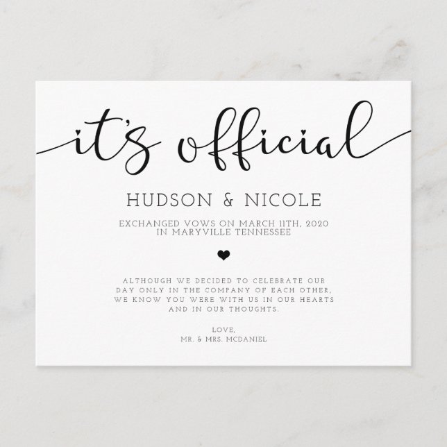 It's Official Elopement Wedding Announcement Postcard (Front)
