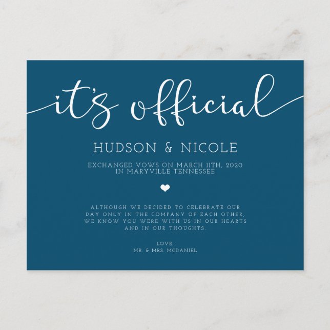 It's Official Elopement Wedding Announcement Postcard (Front)